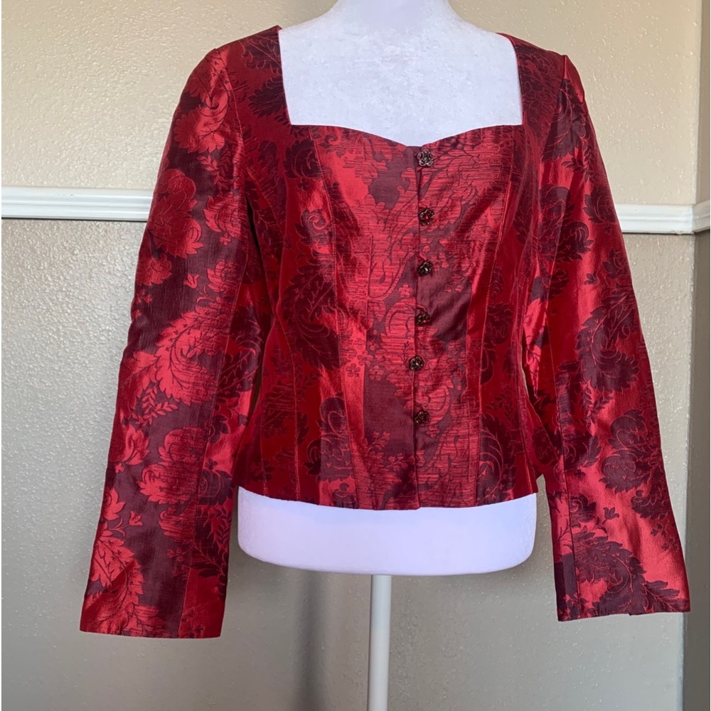Kay Unger Size 4 Red Floral Long Sleeve Blouse Flower Closures Silk Lined